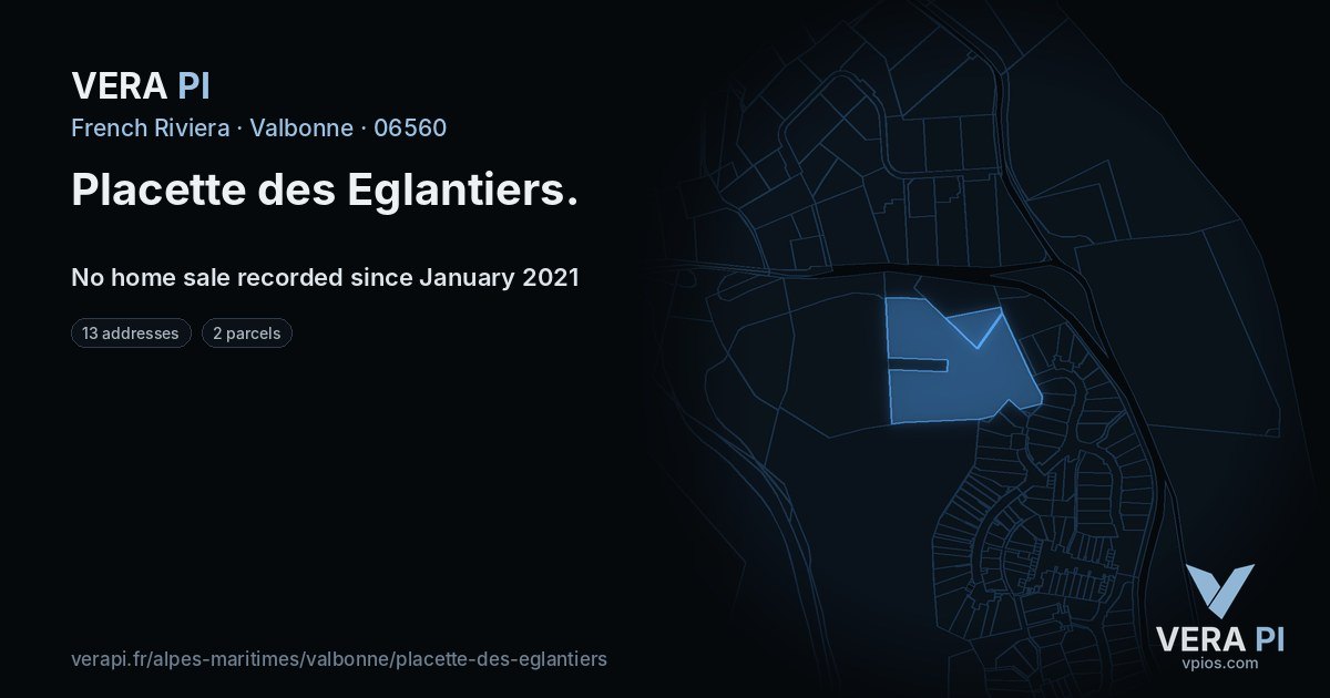 Placette des Eglantiers, Valbonne at night – every parcel coloured by the prices around it, the street's own parcels lit
