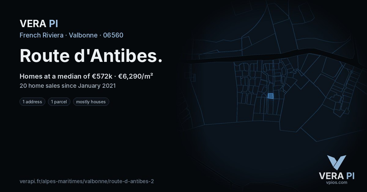 Route d'Antibes, Valbonne at night – every parcel coloured by the prices around it, the street's own parcels lit