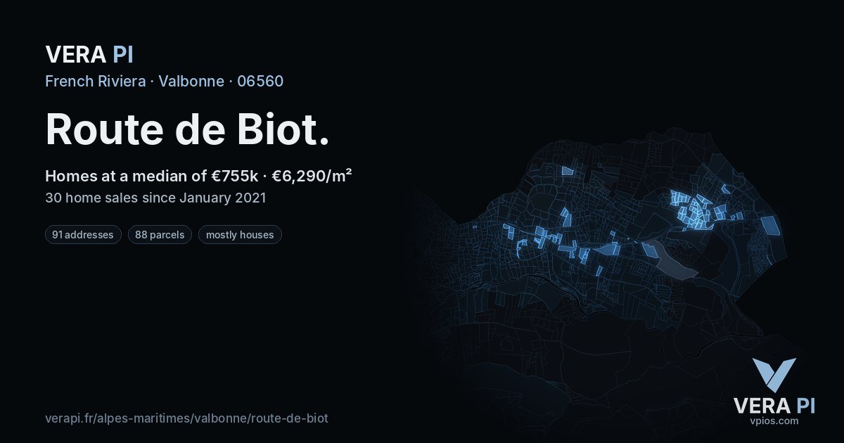 Route de Biot, Valbonne at night – every parcel coloured by the prices around it, the street's own parcels lit