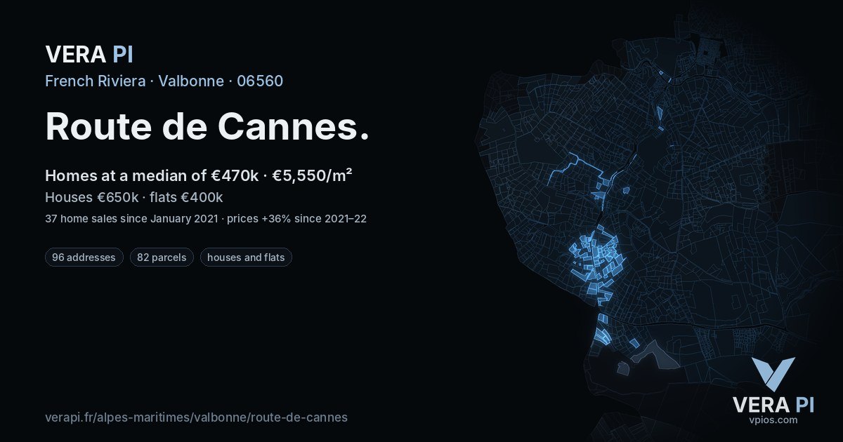Route de Cannes, Valbonne at night – every parcel coloured by the prices around it, the street's own parcels lit