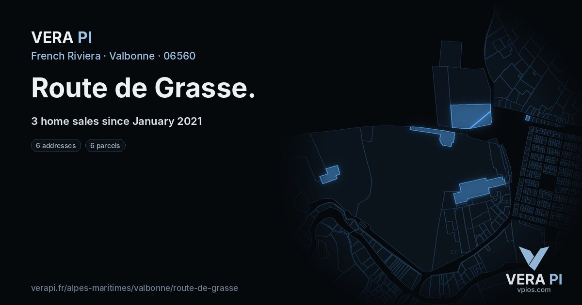 Route de Grasse, Valbonne at night – every parcel coloured by the prices around it, the street's own parcels lit