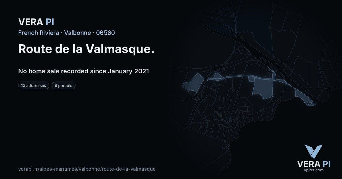 Route de la Valmasque, Valbonne at night – every parcel coloured by the prices around it, the street's own parcels lit