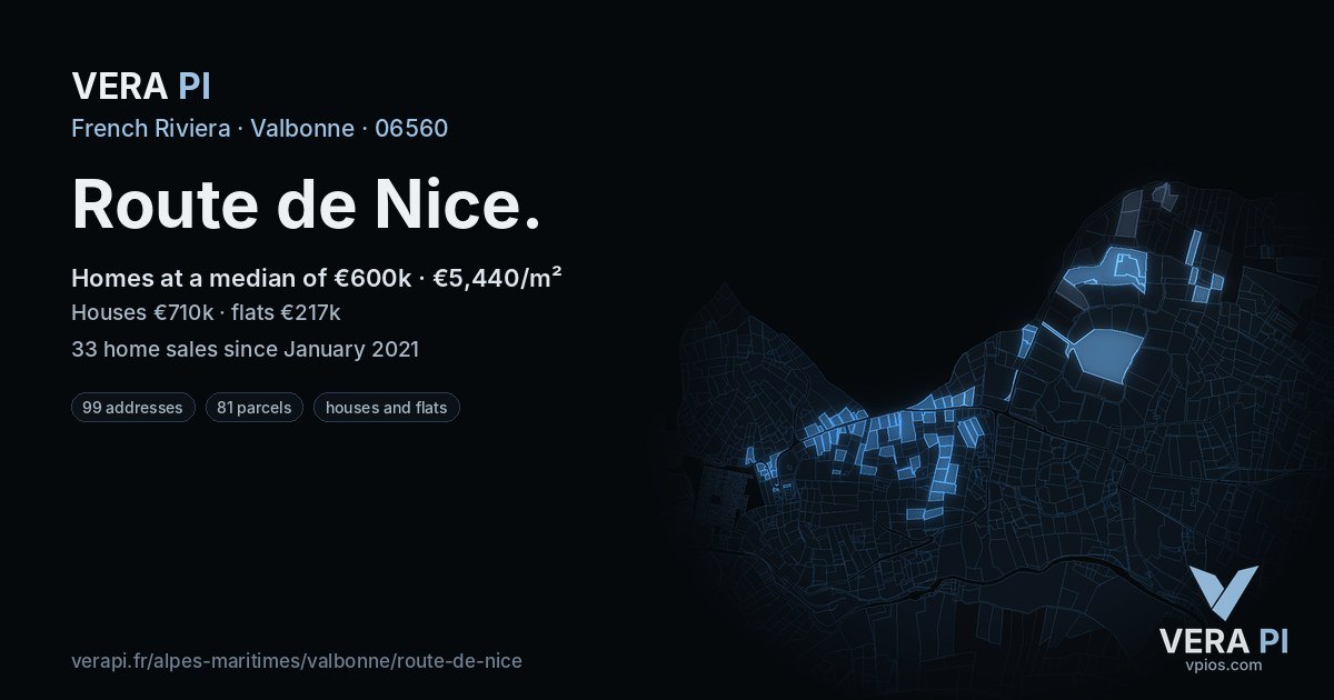 Route de Nice, Valbonne at night – every parcel coloured by the prices around it, the street's own parcels lit