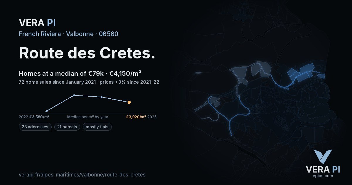Route des Cretes, Valbonne at night – every parcel coloured by the prices around it, the street's own parcels lit