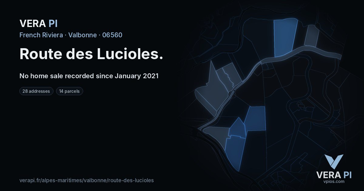 Route des Lucioles, Valbonne at night – every parcel coloured by the prices around it, the street's own parcels lit