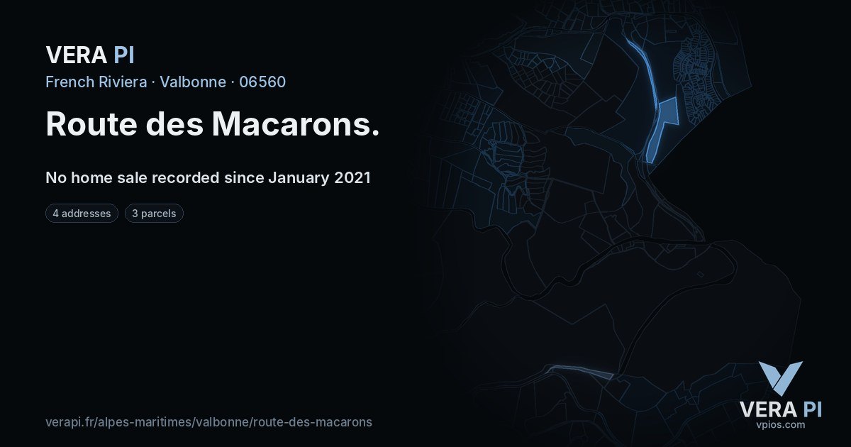 Route des Macarons, Valbonne at night – every parcel coloured by the prices around it, the street's own parcels lit