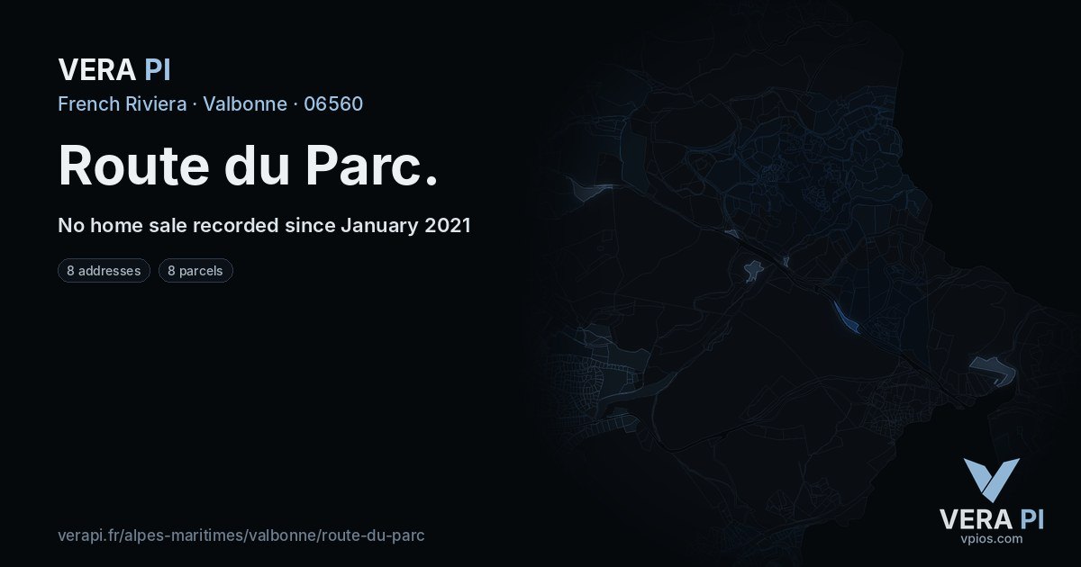 Route du Parc, Valbonne at night – every parcel coloured by the prices around it, the street's own parcels lit