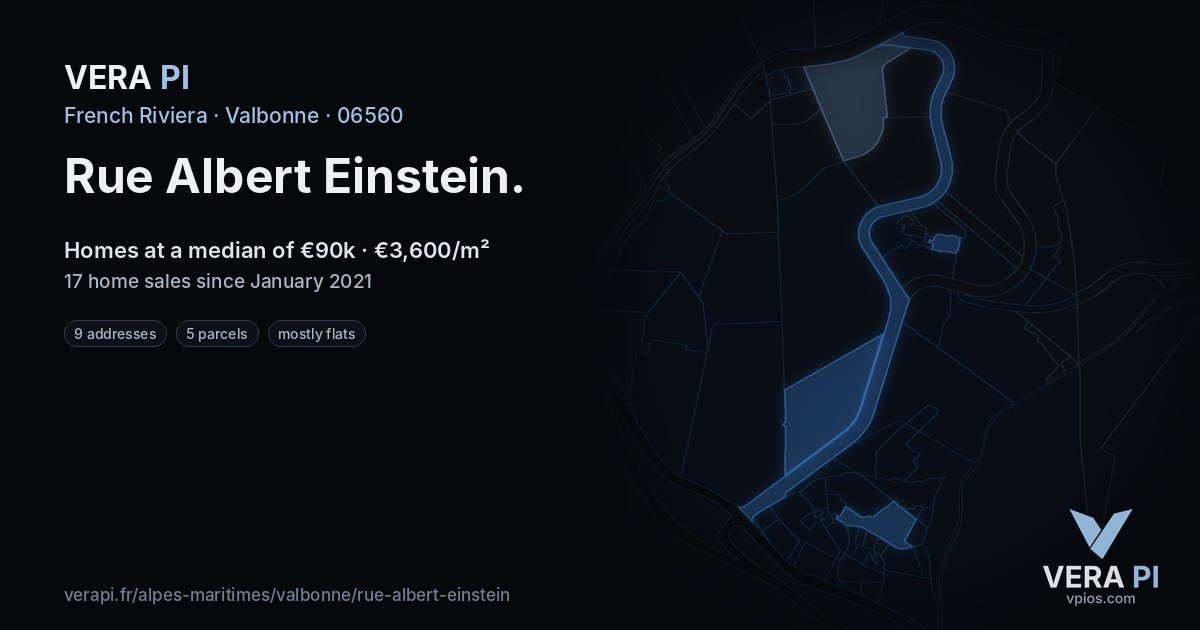 Rue Albert Einstein, Valbonne at night – every parcel coloured by the prices around it, the street's own parcels lit