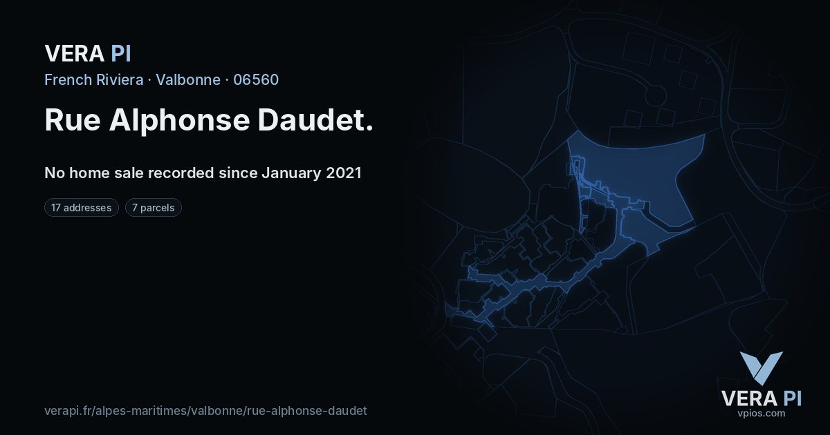 Rue Alphonse Daudet, Valbonne at night – every parcel coloured by the prices around it, the street's own parcels lit