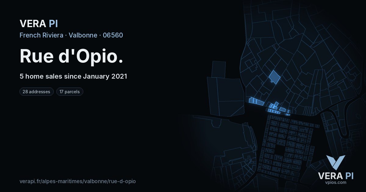 Rue d'Opio, Valbonne at night – every parcel coloured by the prices around it, the street's own parcels lit