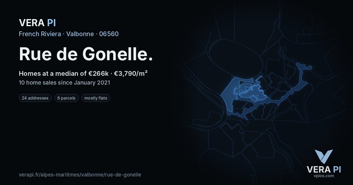 Rue de Gonelle, Valbonne at night – every parcel coloured by the prices around it, the street's own parcels lit