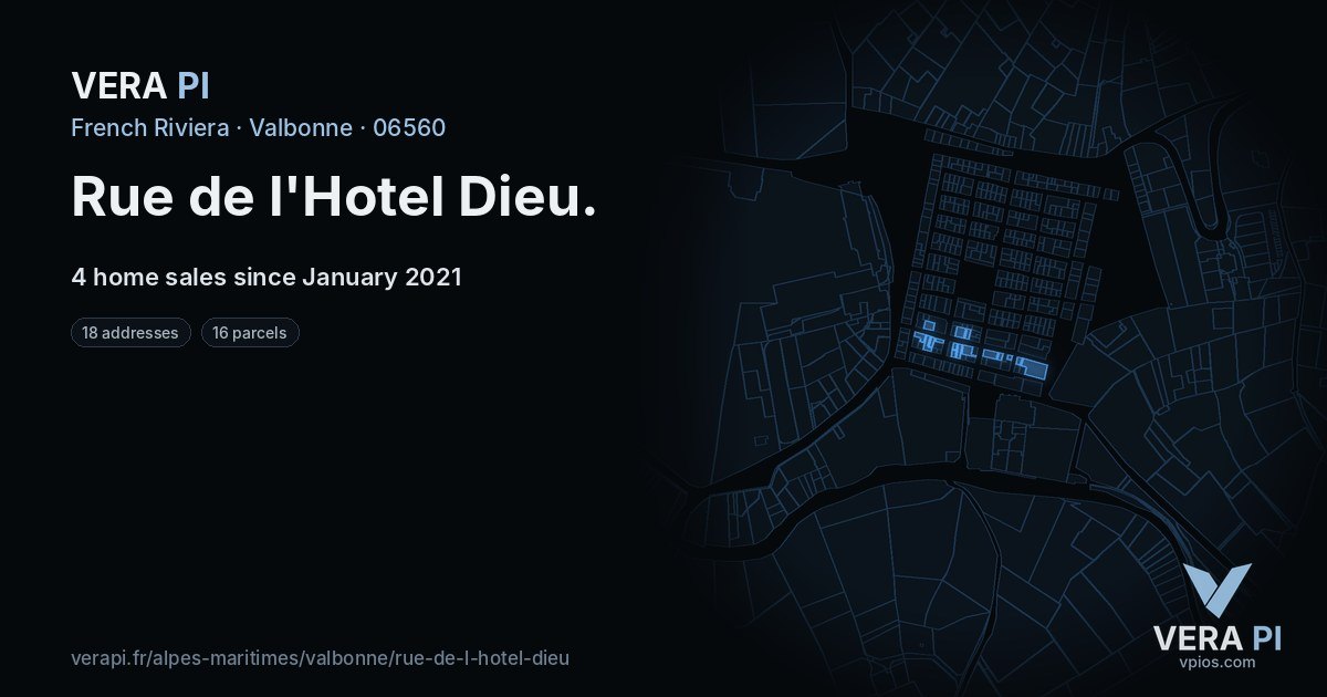 Rue de l'Hotel Dieu, Valbonne at night – every parcel coloured by the prices around it, the street's own parcels lit