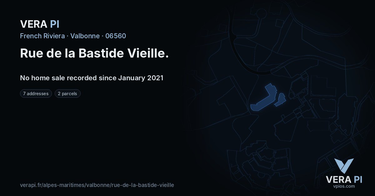 Rue de la Bastide Vieille, Valbonne at night – every parcel coloured by the prices around it, the street's own parcels lit