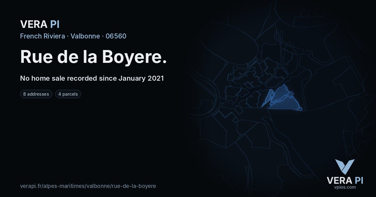 Rue de la Boyere, Valbonne at night – every parcel coloured by the prices around it, the street's own parcels lit