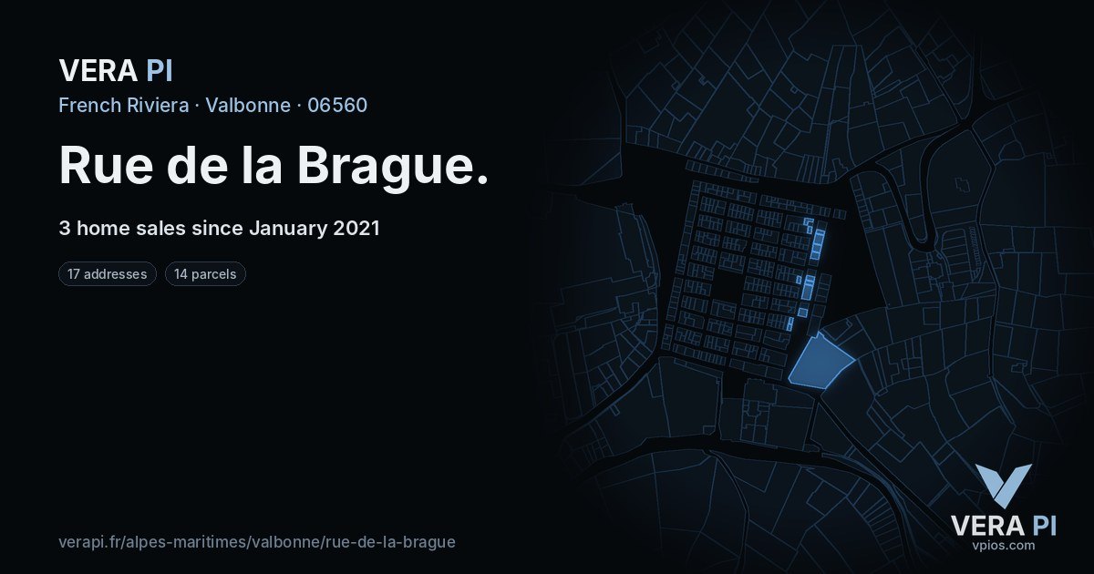 Rue de la Brague, Valbonne at night – every parcel coloured by the prices around it, the street's own parcels lit