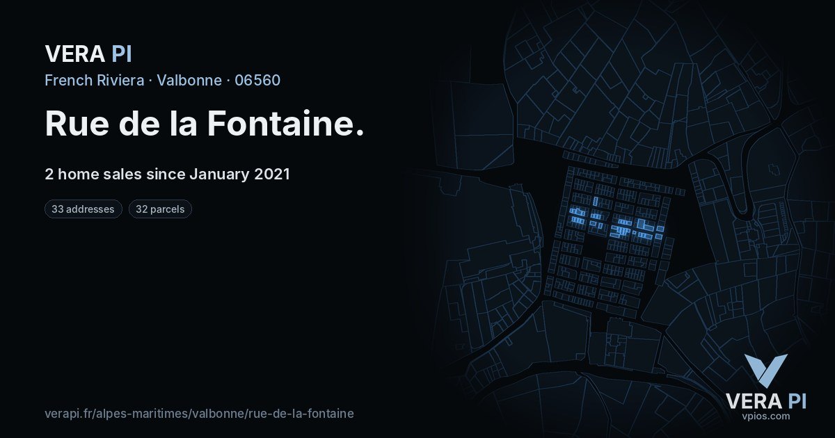 Rue de la Fontaine, Valbonne at night – every parcel coloured by the prices around it, the street's own parcels lit