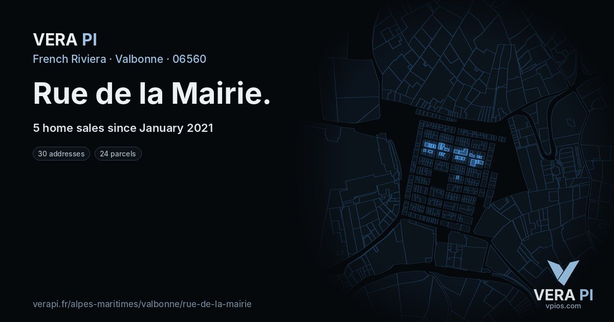 Rue de la Mairie, Valbonne at night – every parcel coloured by the prices around it, the street's own parcels lit