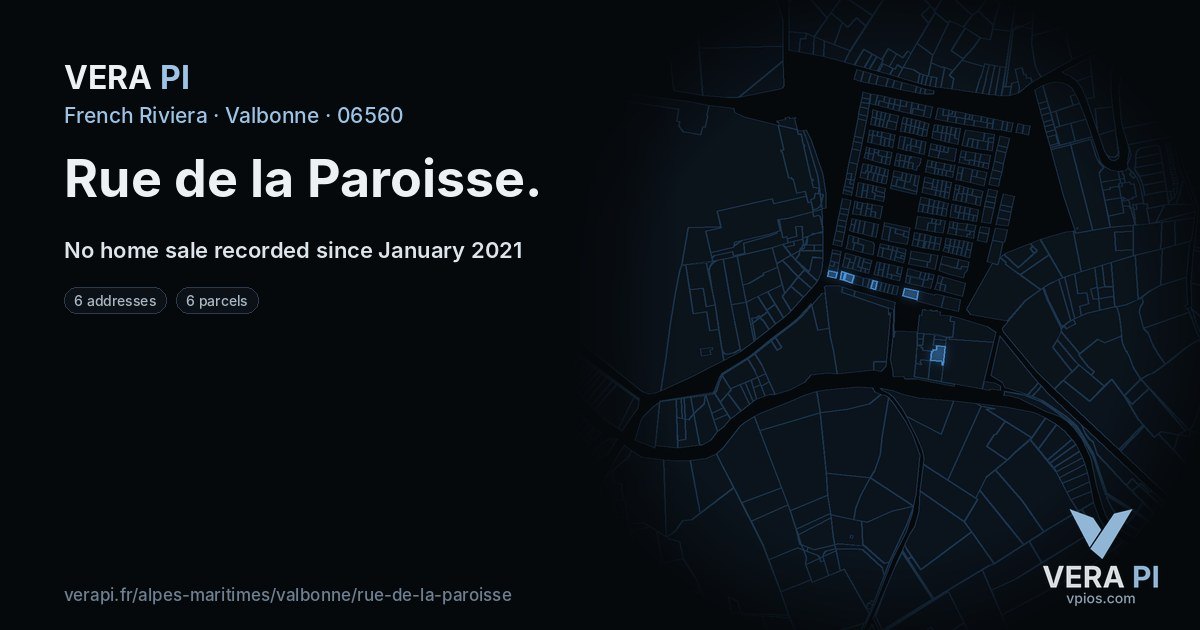 Rue de la Paroisse, Valbonne at night – every parcel coloured by the prices around it, the street's own parcels lit