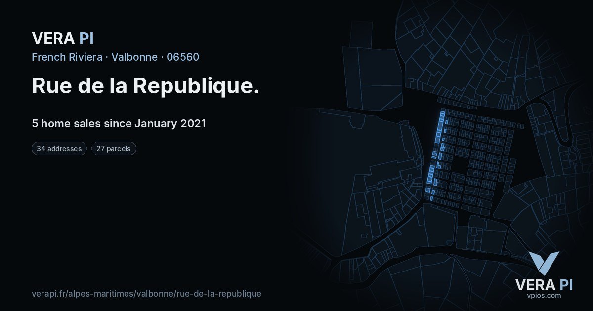 Rue de la Republique, Valbonne at night – every parcel coloured by the prices around it, the street's own parcels lit