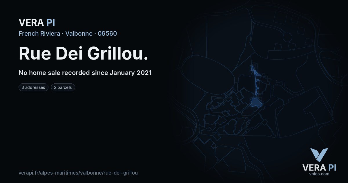Rue Dei Grillou, Valbonne at night – every parcel coloured by the prices around it, the street's own parcels lit