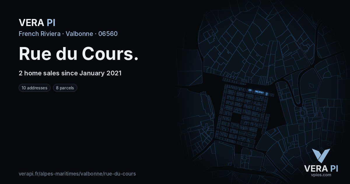Rue du Cours, Valbonne at night – every parcel coloured by the prices around it, the street's own parcels lit