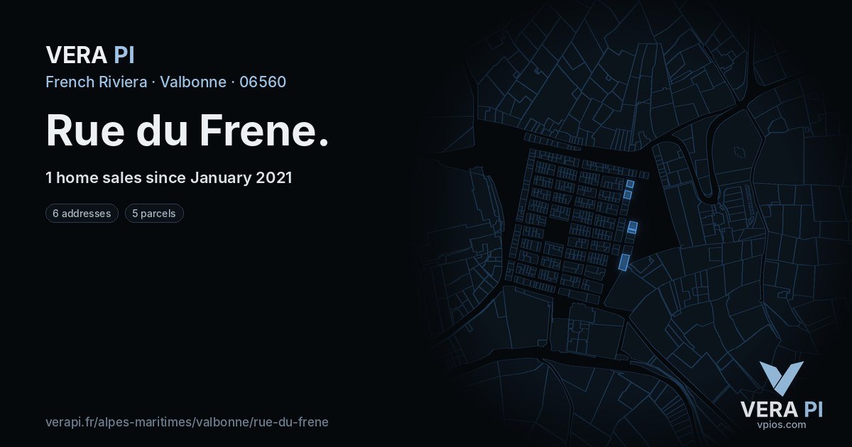 Rue du Frene, Valbonne at night – every parcel coloured by the prices around it, the street's own parcels lit