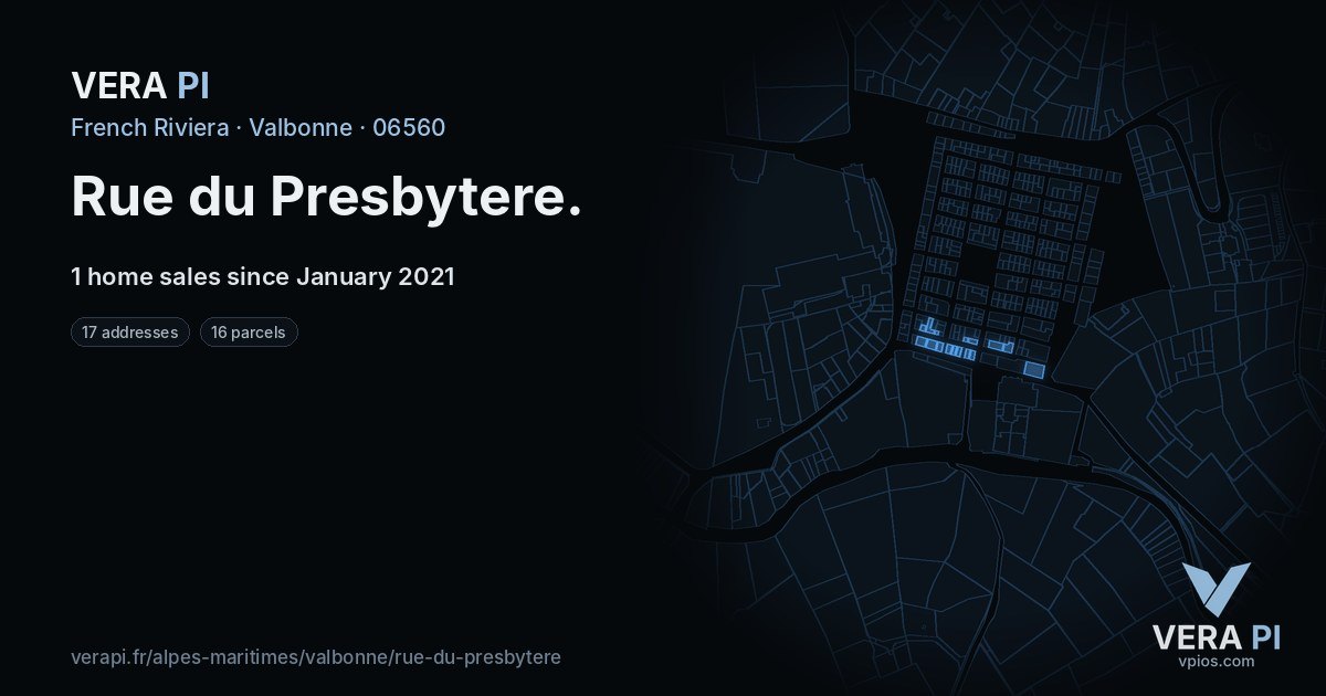Rue du Presbytere, Valbonne at night – every parcel coloured by the prices around it, the street's own parcels lit