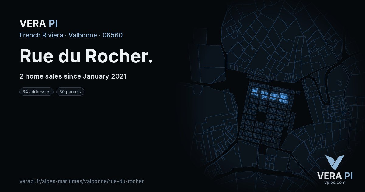 Rue du Rocher, Valbonne at night – every parcel coloured by the prices around it, the street's own parcels lit