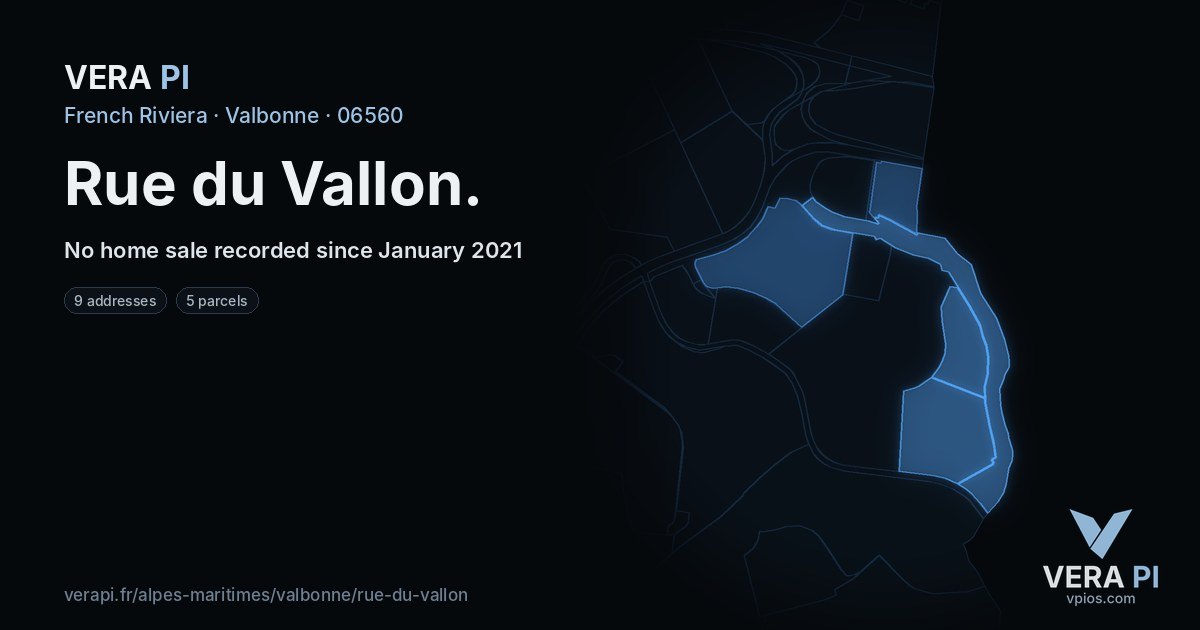 Rue du Vallon, Valbonne at night – every parcel coloured by the prices around it, the street's own parcels lit