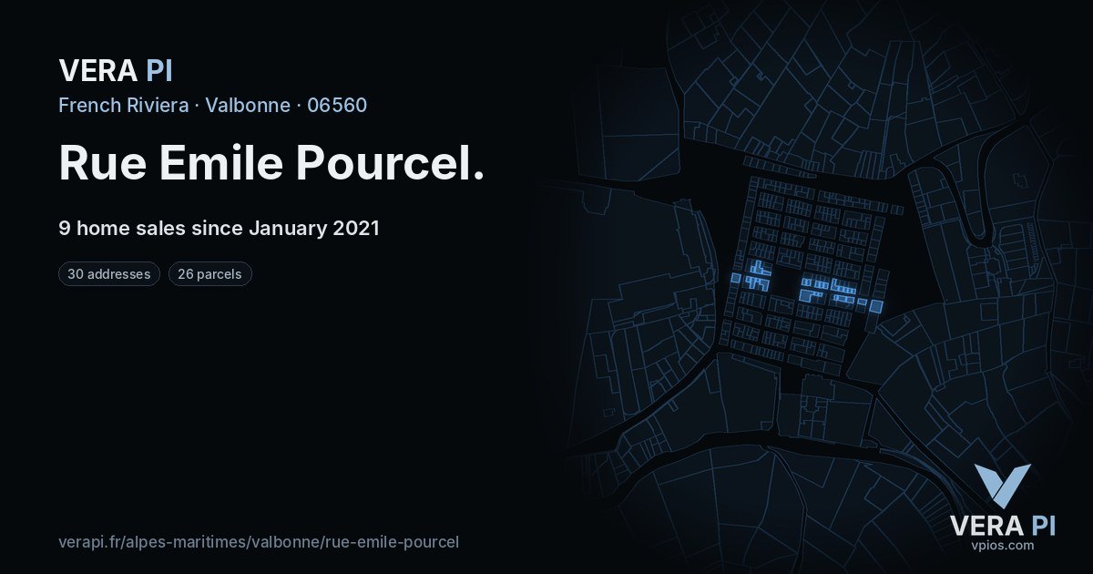 Rue Emile Pourcel, Valbonne at night – every parcel coloured by the prices around it, the street's own parcels lit