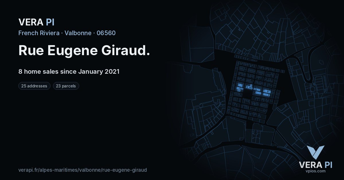 Rue Eugene Giraud, Valbonne at night – every parcel coloured by the prices around it, the street's own parcels lit