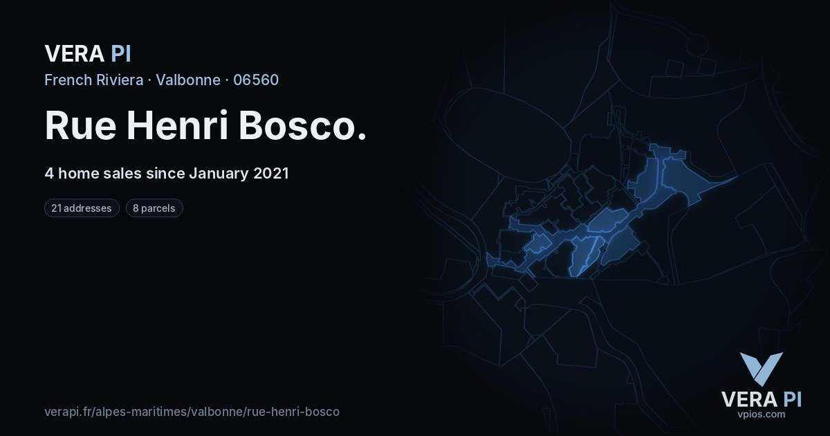 Rue Henri Bosco, Valbonne at night – every parcel coloured by the prices around it, the street's own parcels lit