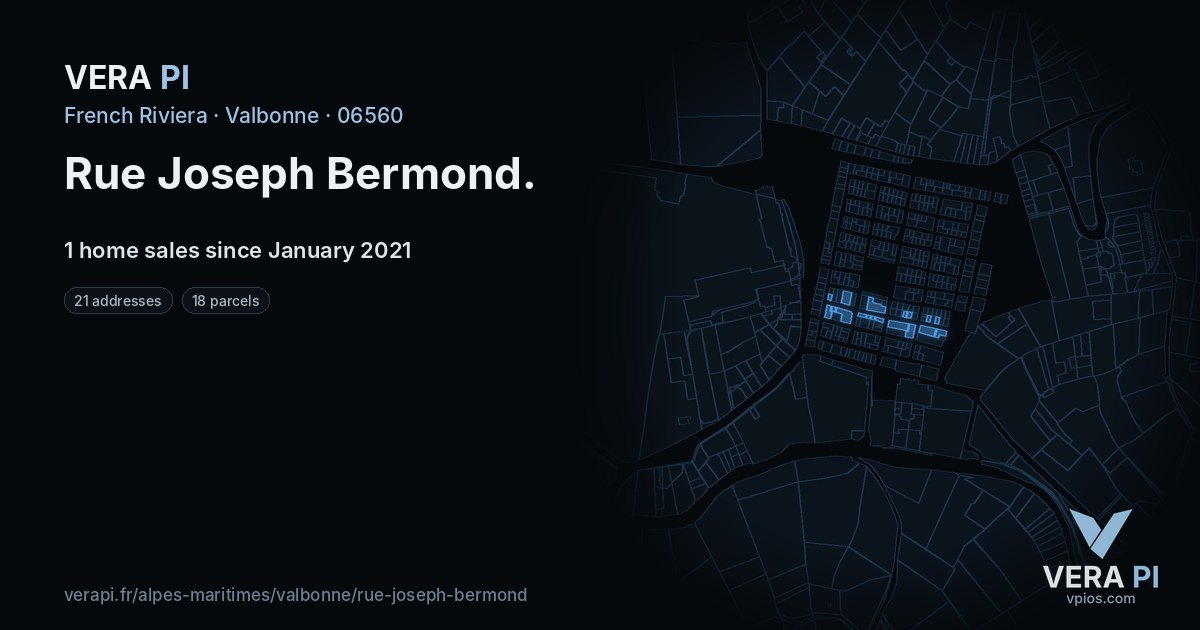Rue Joseph Bermond, Valbonne at night – every parcel coloured by the prices around it, the street's own parcels lit
