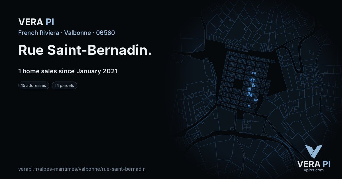 Rue Saint-Bernadin, Valbonne at night – every parcel coloured by the prices around it, the street's own parcels lit