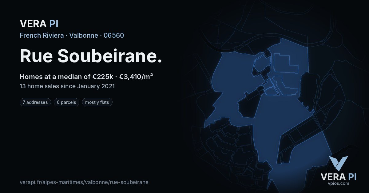 Rue Soubeirane, Valbonne at night – every parcel coloured by the prices around it, the street's own parcels lit