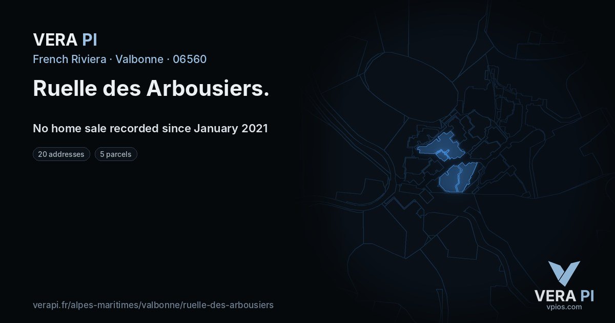 Ruelle des Arbousiers, Valbonne at night – every parcel coloured by the prices around it, the street's own parcels lit