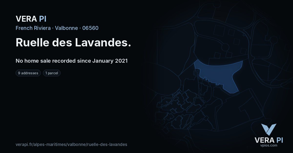 Ruelle des Lavandes, Valbonne at night – every parcel coloured by the prices around it, the street's own parcels lit