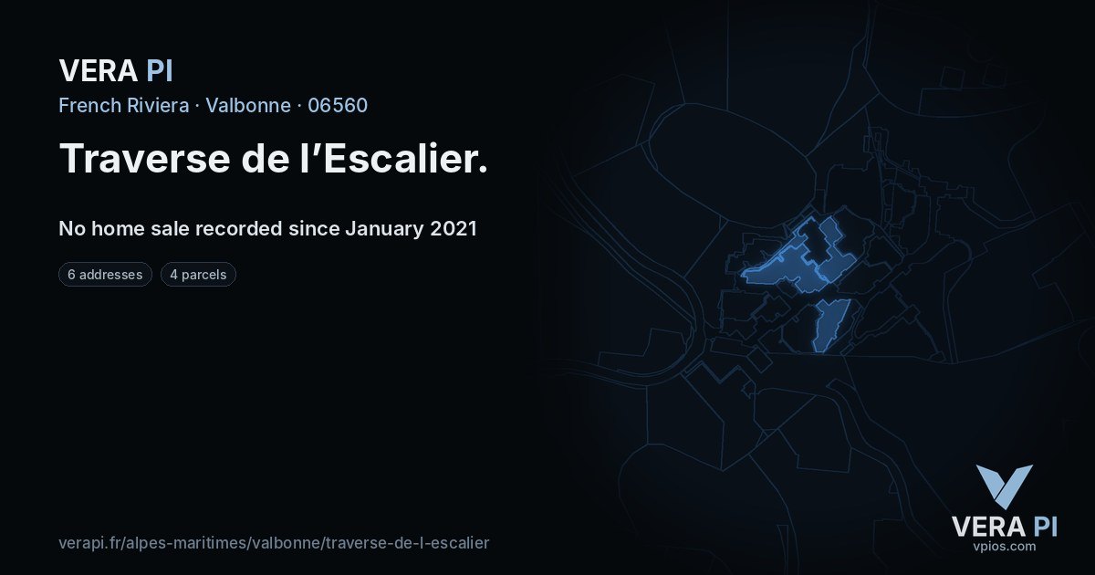 Traverse de l’Escalier, Valbonne at night – every parcel coloured by the prices around it, the street's own parcels lit
