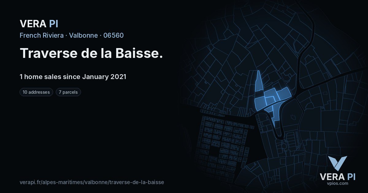 Traverse de la Baisse, Valbonne at night – every parcel coloured by the prices around it, the street's own parcels lit