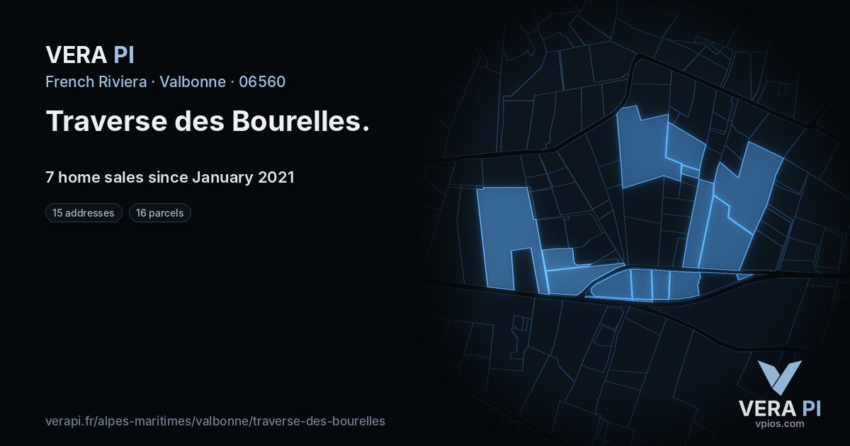Traverse des Bourelles, Valbonne at night – every parcel coloured by the prices around it, the street's own parcels lit