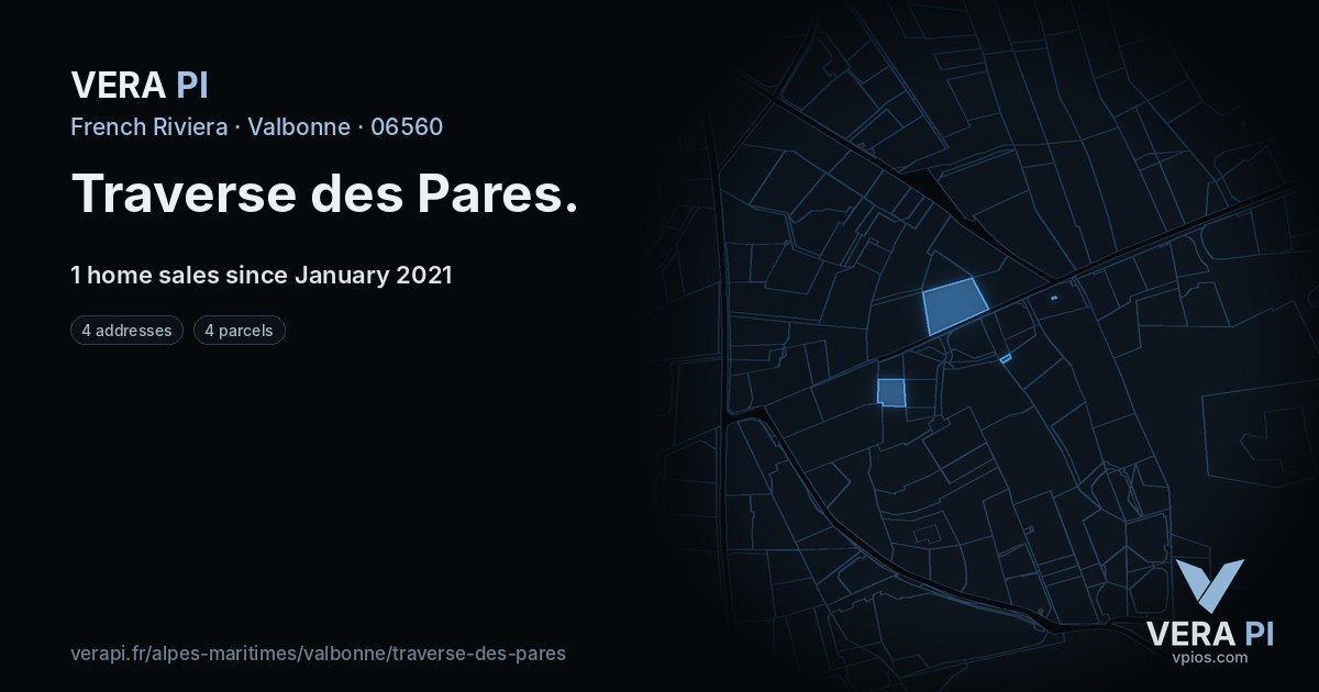 Traverse des Pares, Valbonne at night – every parcel coloured by the prices around it, the street's own parcels lit