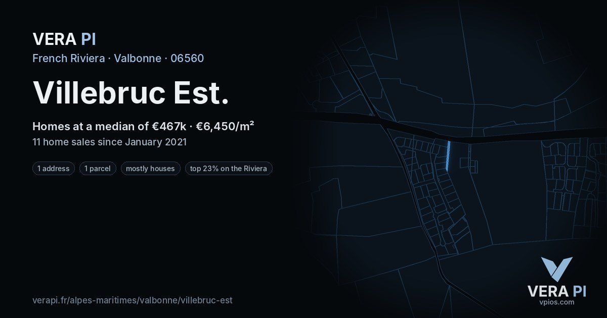 Villebruc Est, Valbonne at night – every parcel coloured by the prices around it, the street's own parcels lit