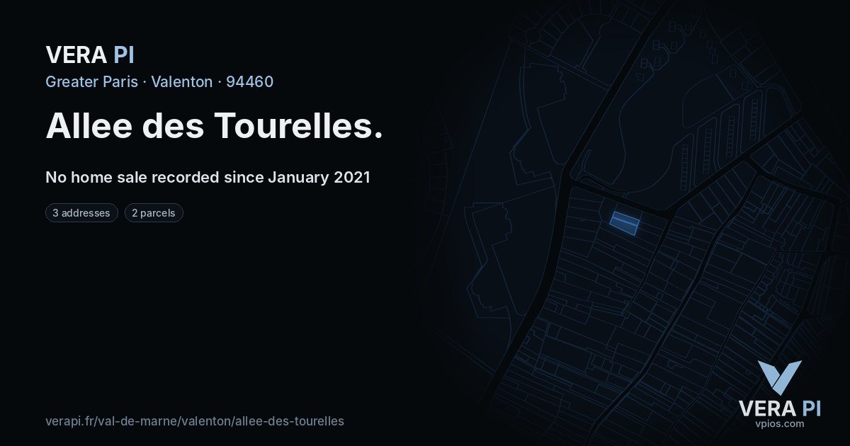 Allee des Tourelles, Valenton at night – every parcel coloured by the prices around it, the street's own parcels lit