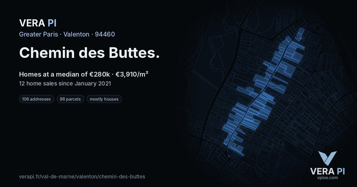 Chemin des Buttes, Valenton at night – every parcel coloured by the prices around it, the street's own parcels lit