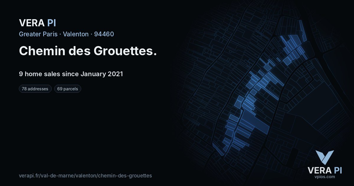 Chemin des Grouettes, Valenton at night – every parcel coloured by the prices around it, the street's own parcels lit