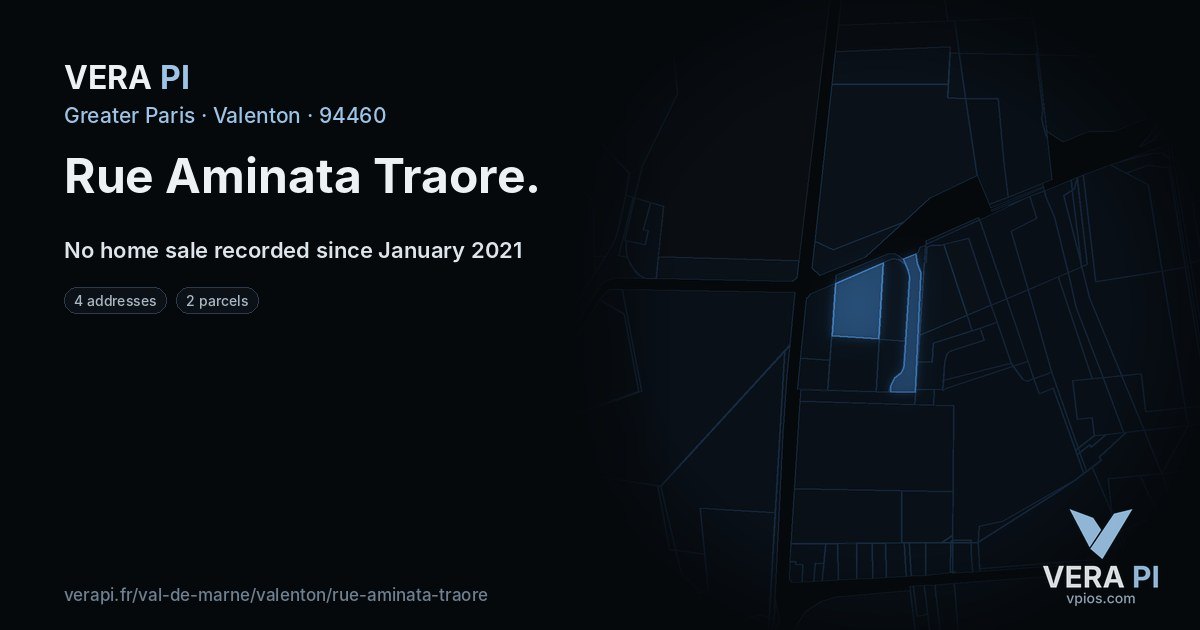 Rue Aminata Traore, Valenton at night – every parcel coloured by the prices around it, the street's own parcels lit