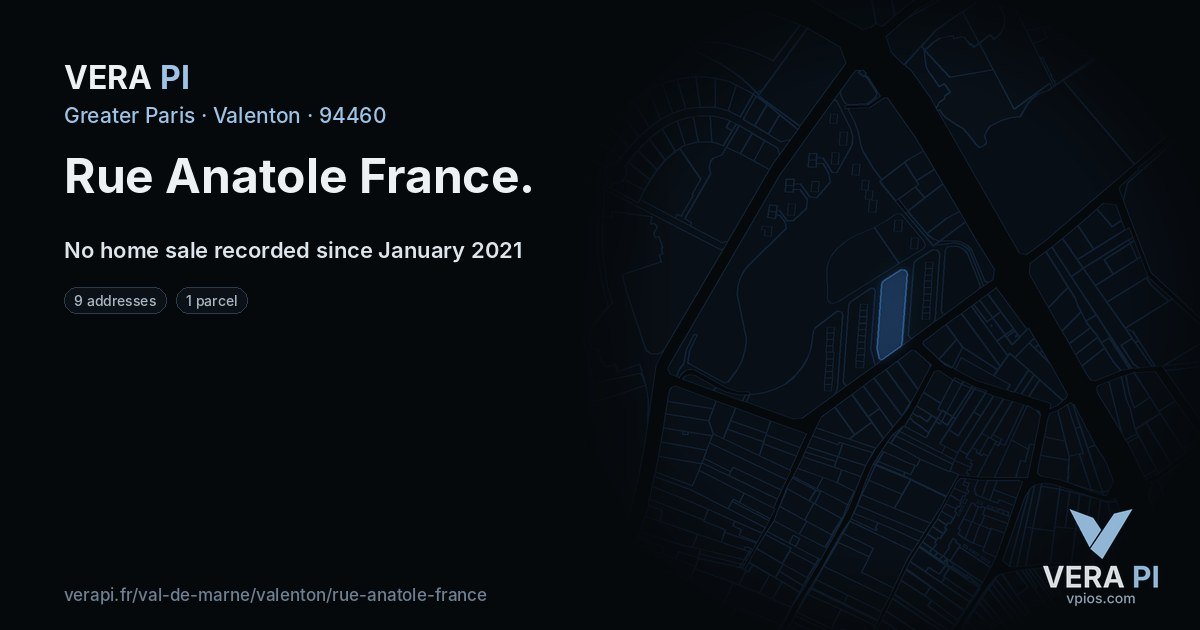 Rue Anatole France, Valenton at night – every parcel coloured by the prices around it, the street's own parcels lit