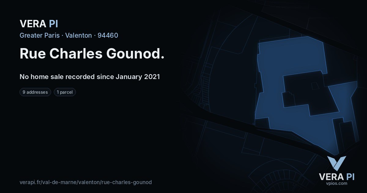 Rue Charles Gounod, Valenton at night – every parcel coloured by the prices around it, the street's own parcels lit