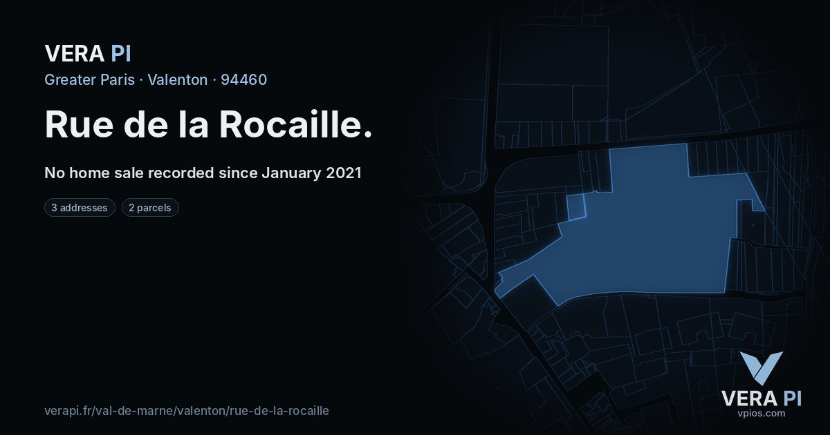 Rue de la Rocaille, Valenton at night – every parcel coloured by the prices around it, the street's own parcels lit