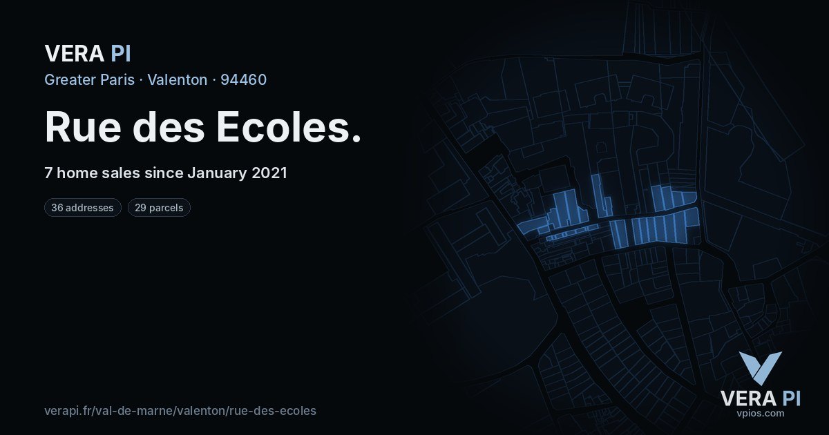 Rue des Ecoles, Valenton at night – every parcel coloured by the prices around it, the street's own parcels lit